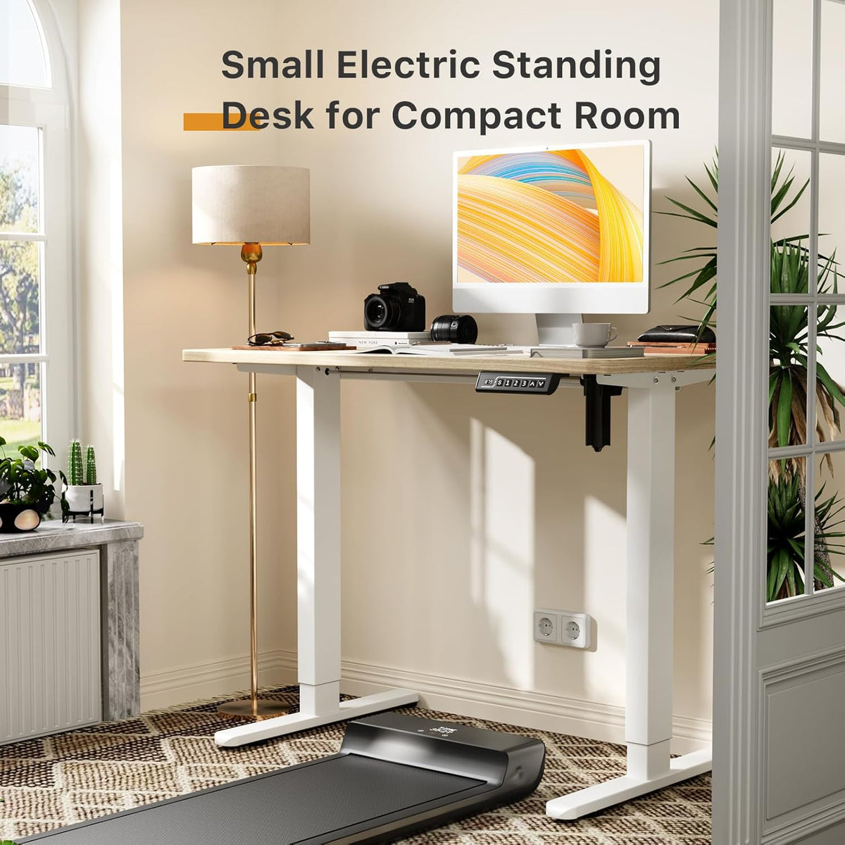 JOY worker Small Electric Standing Desk, 40" x 20" Whole Piece Height Adjustable Table with Memory Controller, Sit to Stand Desk Workstation for Home Office, Light Walnut