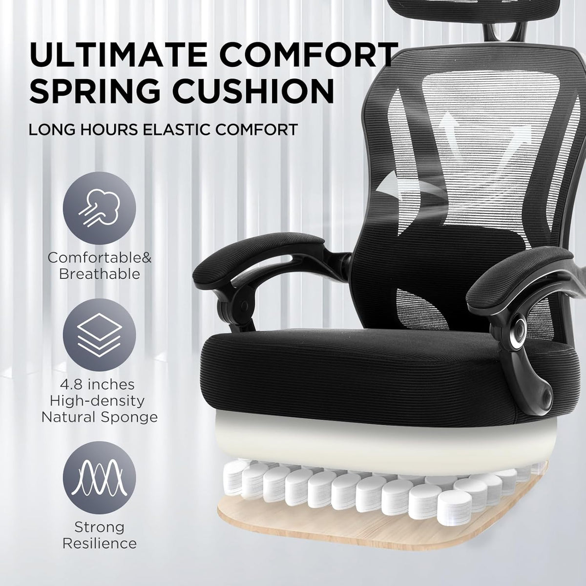 Ergonomic Office Chair with Footrest,Ultra Thick Reclining Office Desk Chair with Adjustable 2D Lumbar Support and Headrest,Spring Cushion,High Back Premium Mesh Computer Chair Office Chairs,Black