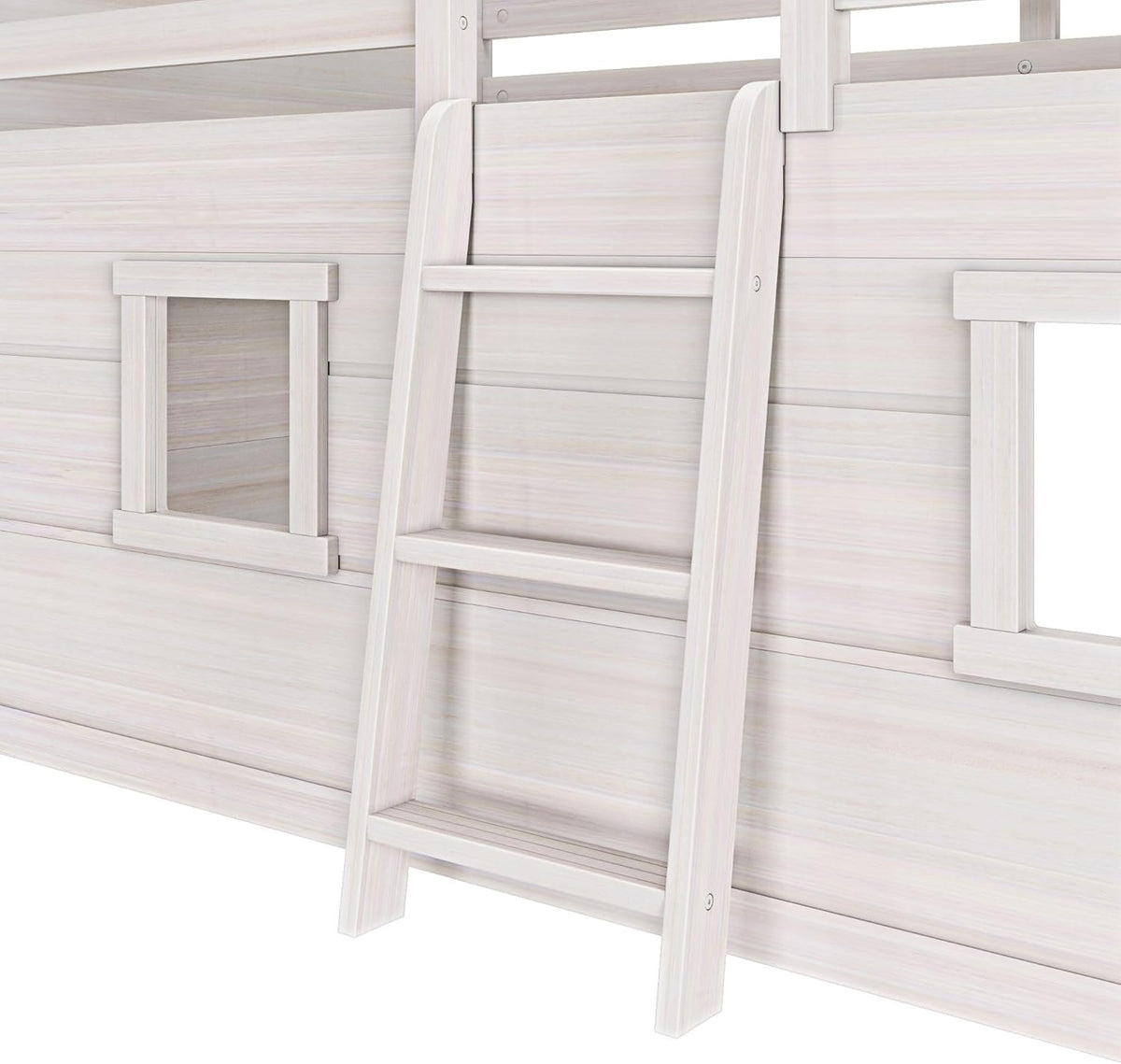 Max & Lily Modern Farmhouse Twin Low Loft Bed with Two Windows - Solid Wood, 15” Guardrails, 400-lb Capacity, Low-VOC Finish, White Wash