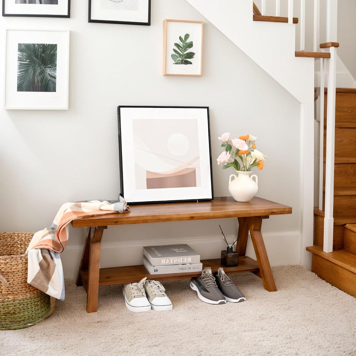 43 Inch Farmhouse Storage Bench, Rustic Solid Wood Entryway Bench for Living Room, Dining Room, Hallway | Indoor Seating with Natural Wood Finish