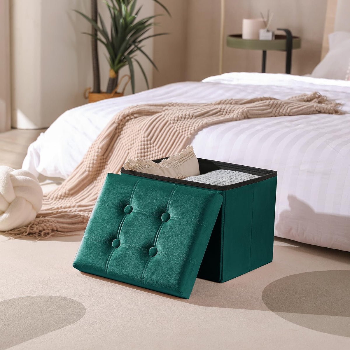 PRANDOM Ottoman with Storage [1-Pack] Velvet Folding Small Square Foot Stool with Lid for Living Room Bedroom Coffee Table Dorm Green 17x13x13 inches
