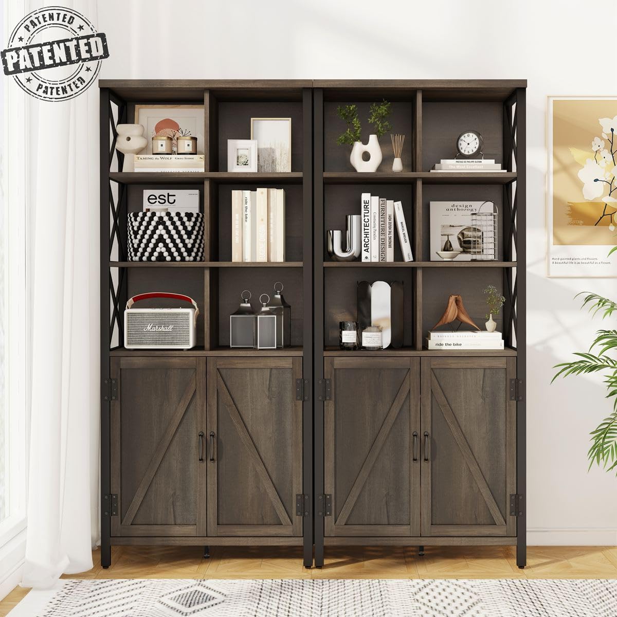 FATORRI Industrial Tall Bookshelf, Rustic Bookcase with Doors, 6 Cube Storage Organizer with Shelf for Living Room, Wood and Metal Book Shelf for Home Office (Walnut Brown)