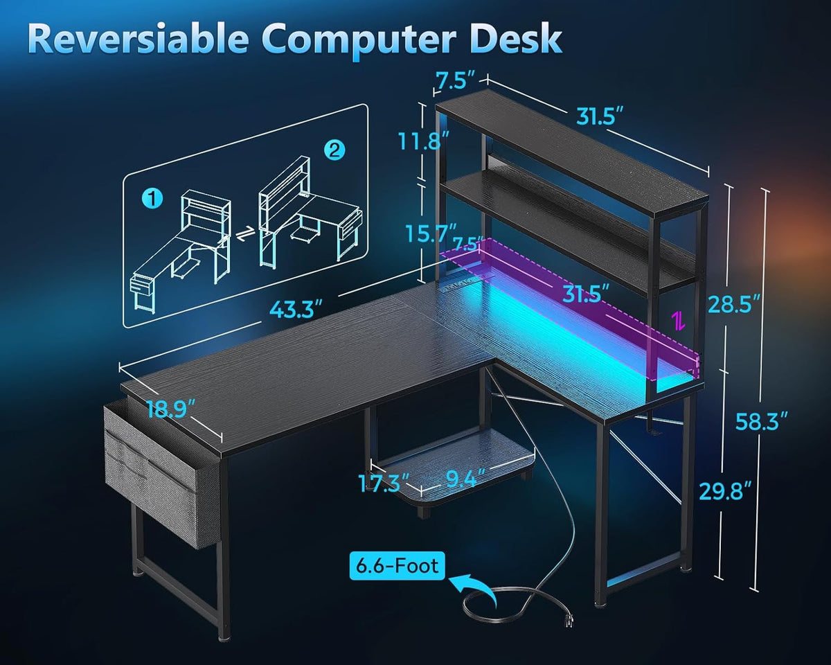 Casaottima Gaming Desk with Power Outlets & LED Lights, 43 Inch Reversible L Shaped Computer Desk with Shelves & Storage Bag, Corner Desk for Home Office, Black