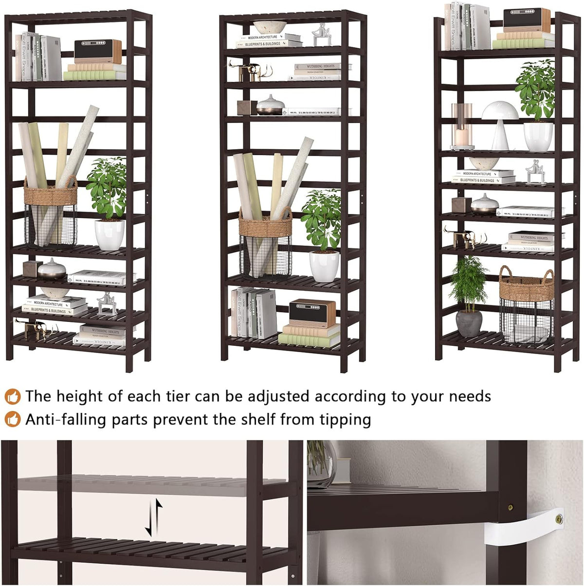 Homykic 6-Tier Bamboo Bookshelves and Bookcases, Adjustable 63.4”Tall Shallow Book Shelf Organizer Rack, Freestanding Storage Shelving Unit for Living Room, Kitchen, Bathroom, Office, Espresso