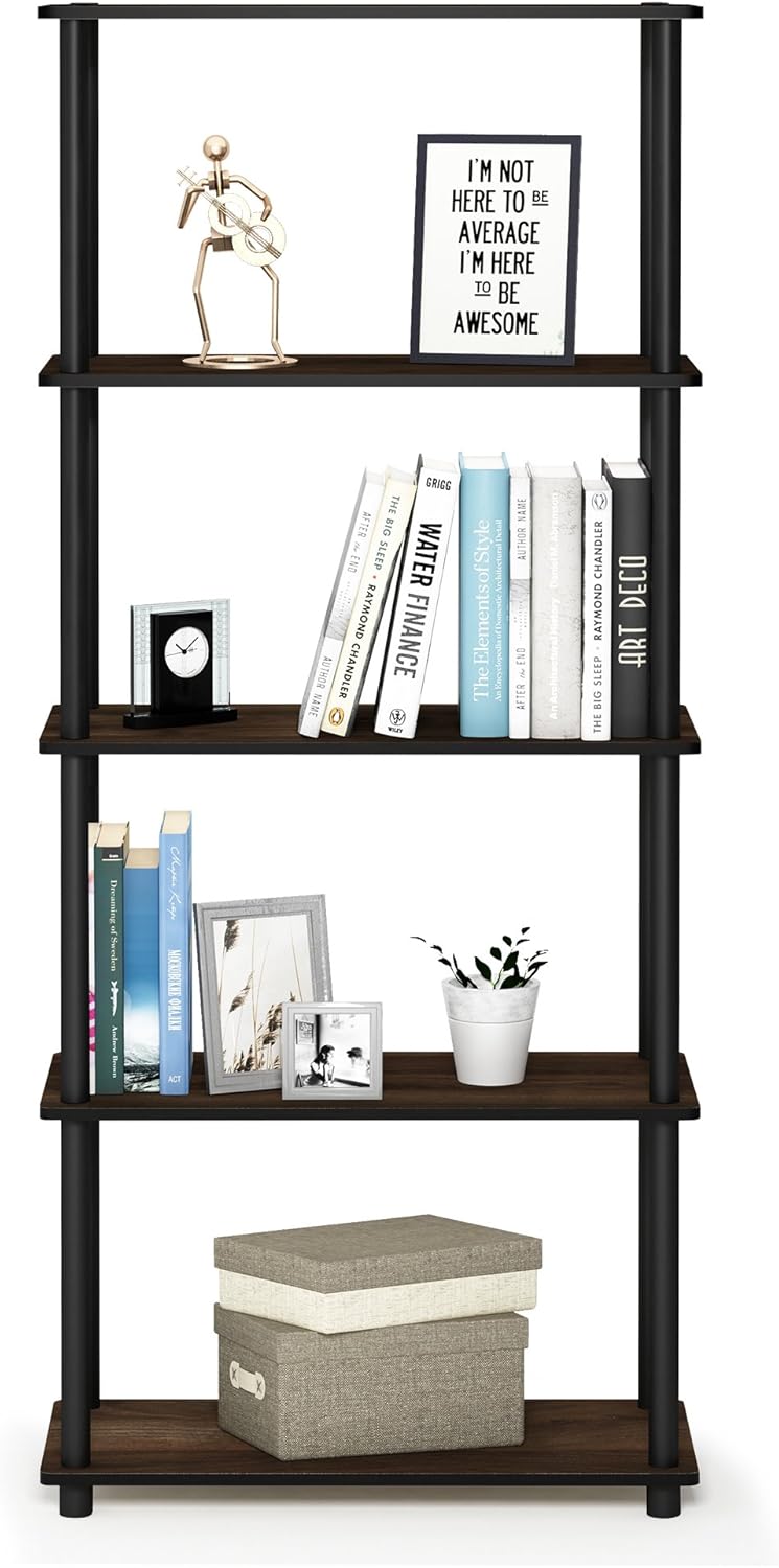 Furinno Turn-N-Tube 5-Tier Multipurpose Shelf / Display Rack / Storage Shelf / Bookshelf, Round Tubes, Columbia Walnut/Black