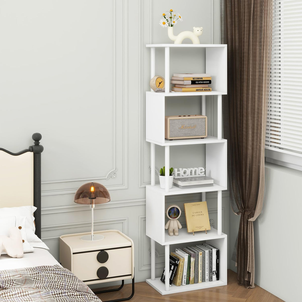 IBUYKE 6-Tier Tall Bookshelf,S-Shaped Geometric Bookcase, Wood Display Shelves with Storage,Modern Bookshelf for Living Room Bedroom, Home Office, White WBC016W