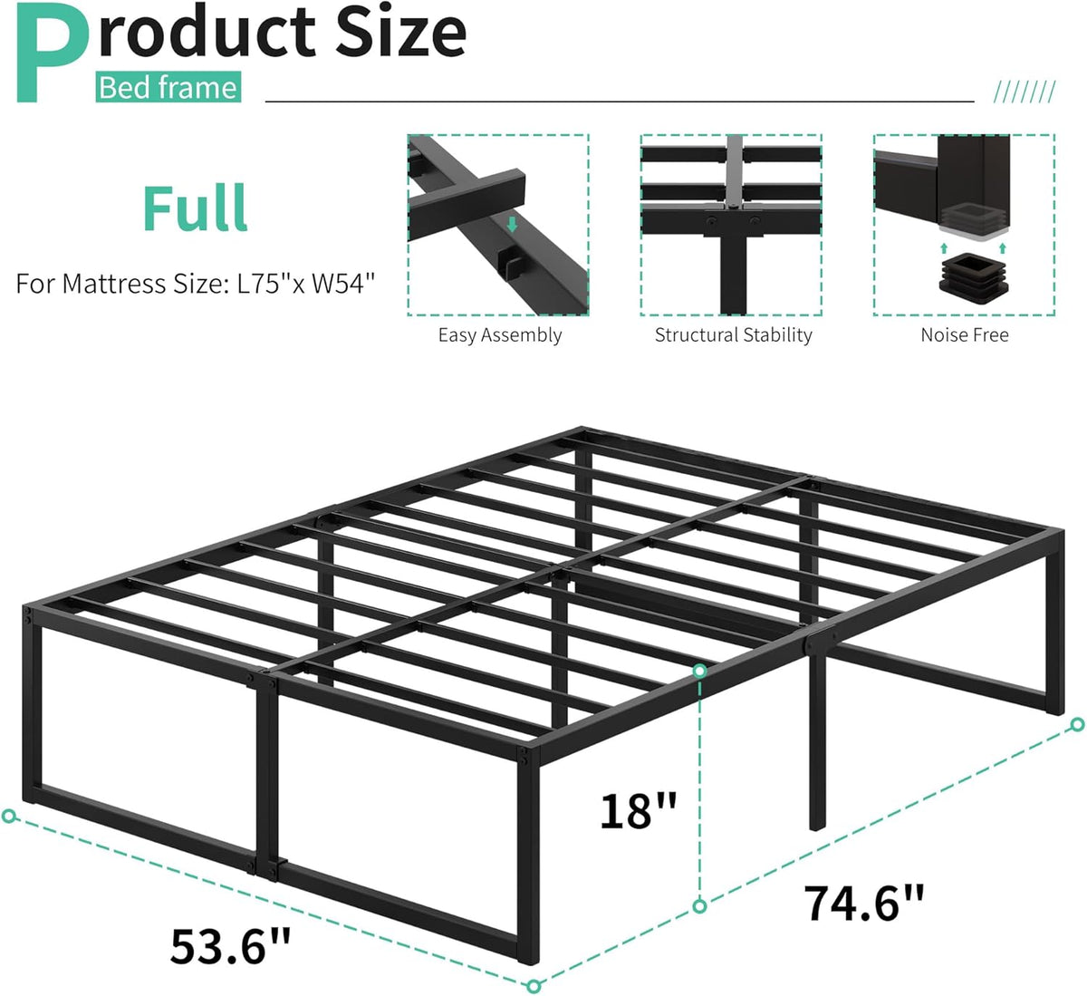 18 Inch Full Bed Frame No Box Spring Needed, Heavy Duty Metal Platform Beds with Sturdy Steal Slats for Mattress Foundation, Easy Assembly, Noise Free, Black