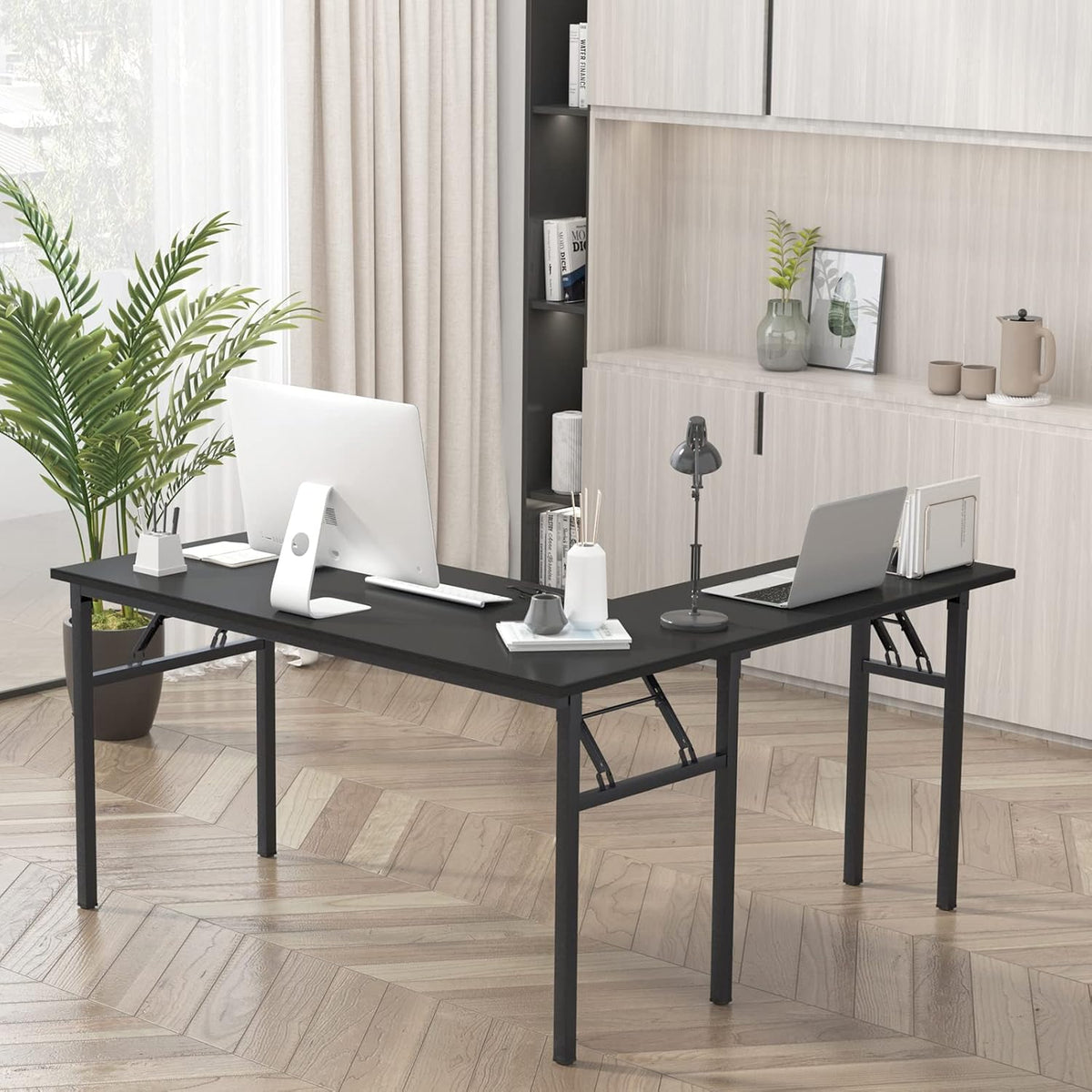 DlandHome Reversible L-Shaped Desk Large Corner Desk Folding Table Computer Desk Home Office Table Computer Workstation,Black-N