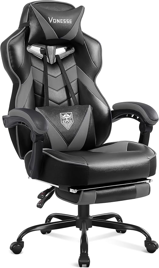 Vonesse Gaming Chair, High Back Gaming Chair with Footrest and Massage, Gaming Chairs for Adults with Pocket Spring Cushion, Big and Tall Reclining Computer Chair with Lumbar Support (Grey/Black)