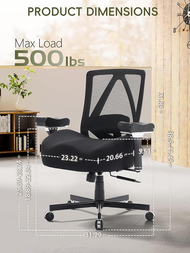 Office Chair 500lbs, Ergonomic Desk Chair with W-Shaped Thick Seat Cushion & 4D Armrest, Executive Mesh Desk Chair with Adjustable Lumbar Support, Swivel Task Chairs for Home Office Gaming, Black