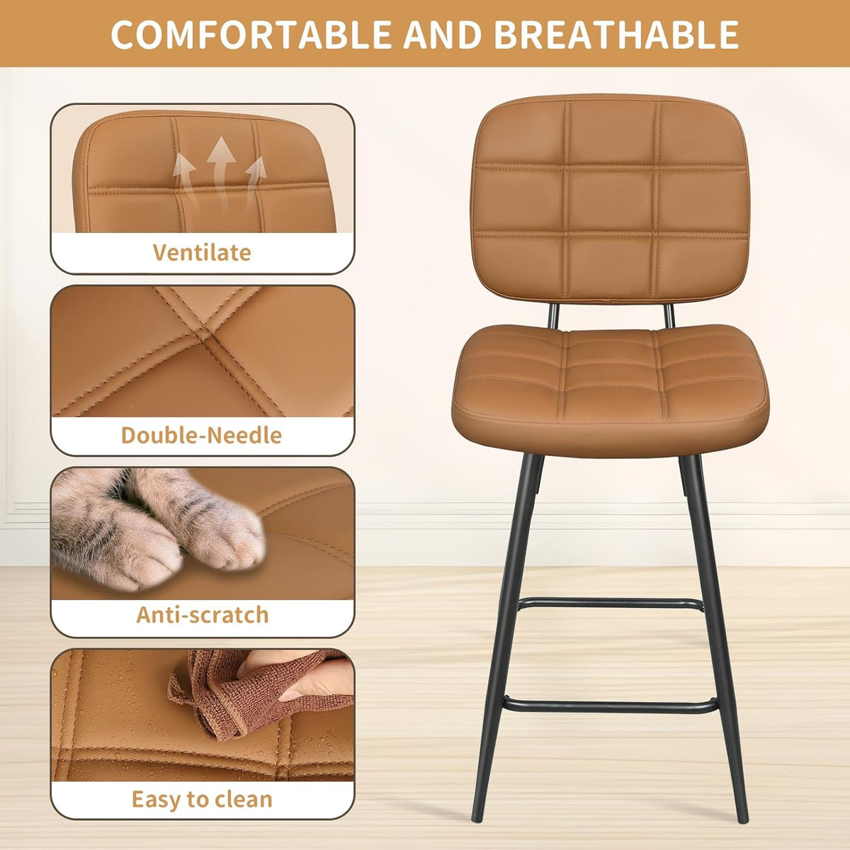Bar Stools Set of 2, 24 Inch Upholstered Metal Barstool with Back and Footrest, Bar Chair with Metal Base for Dining Room Counter Island, Brown