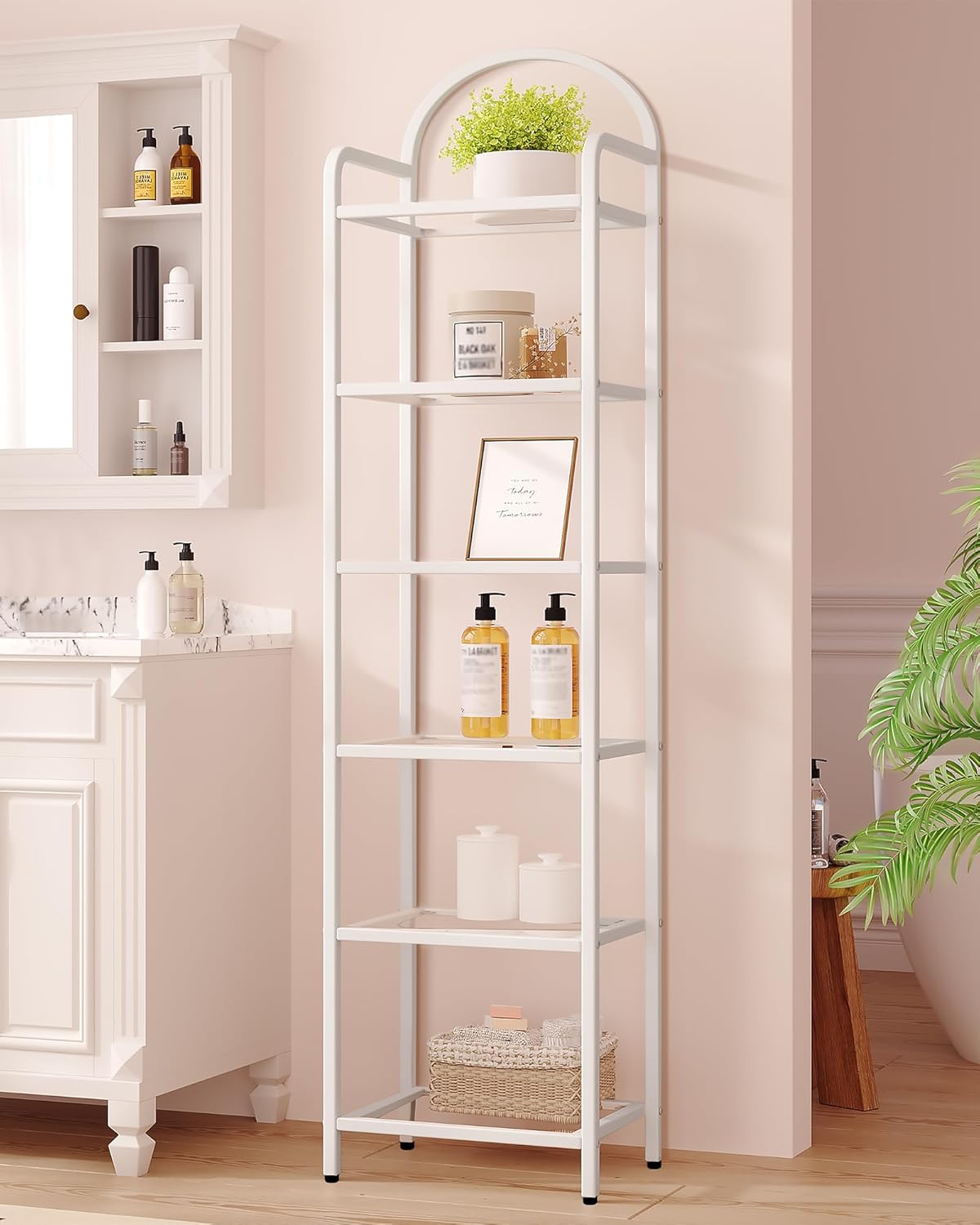 Bookcase Bookshelf, Tempered Glass Bookshelves, Slim Shelving Unit for Bedroom, Bathroom, Home Office, Steel Frame, 6 Tier White BC10699W