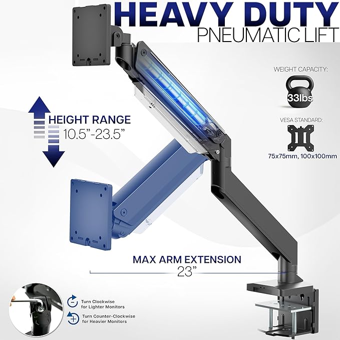 VIVO Premium Aluminum Monitor Arm for Ultrawide Screens up to 49 inches and 33 lbs, Heavy Duty Single Desk Mount, Pneumatic Height, Max VESA 100x100, Black, STAND-V101G1