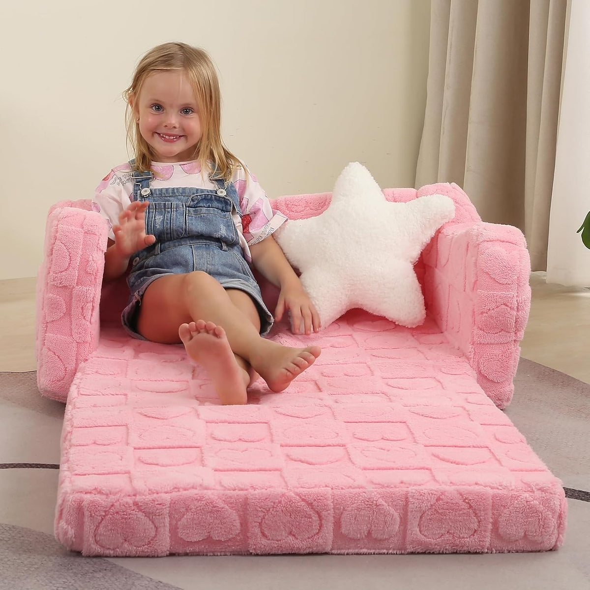 Extra Wider Seating Toddler Couch, 2-in-1 Toddler Soft Couch Fold Out with Star Pillow, Convertible Sofa to Lounger for Girls and Boys, Pink Heart