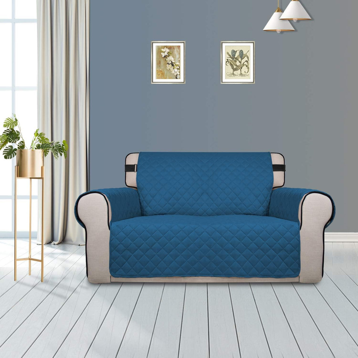 PureFit Reversible Sofa Cover Water Resistant Loveseat Couch Cover, Machine Washable Furniture Cover with Non-Slip Foam and Adjustable Strap for Dogs, Pets (Loveseat, Peacock Blue/Ivory)