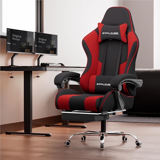 GTPLAYER Gaming Chair, Computer Chair with Footrest and Lumbar Support, Height Adjustable Game Chair with 360°-Swivel Seat and Headrest and for Office or Gaming (RED, Fabric)