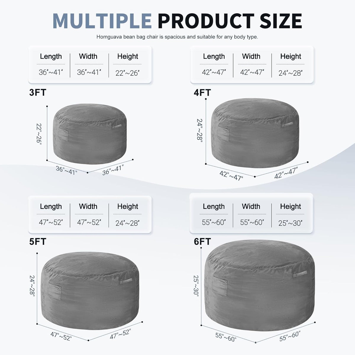 Homguava 5FT Bean Bag Chair Giant BeanBag with Memory Foam Filled, Comfy Bean Bag Chairs for Adults, Adult Bean Bag Chair with Dutch Velvet Cover for Living Room Bedroom-Grey