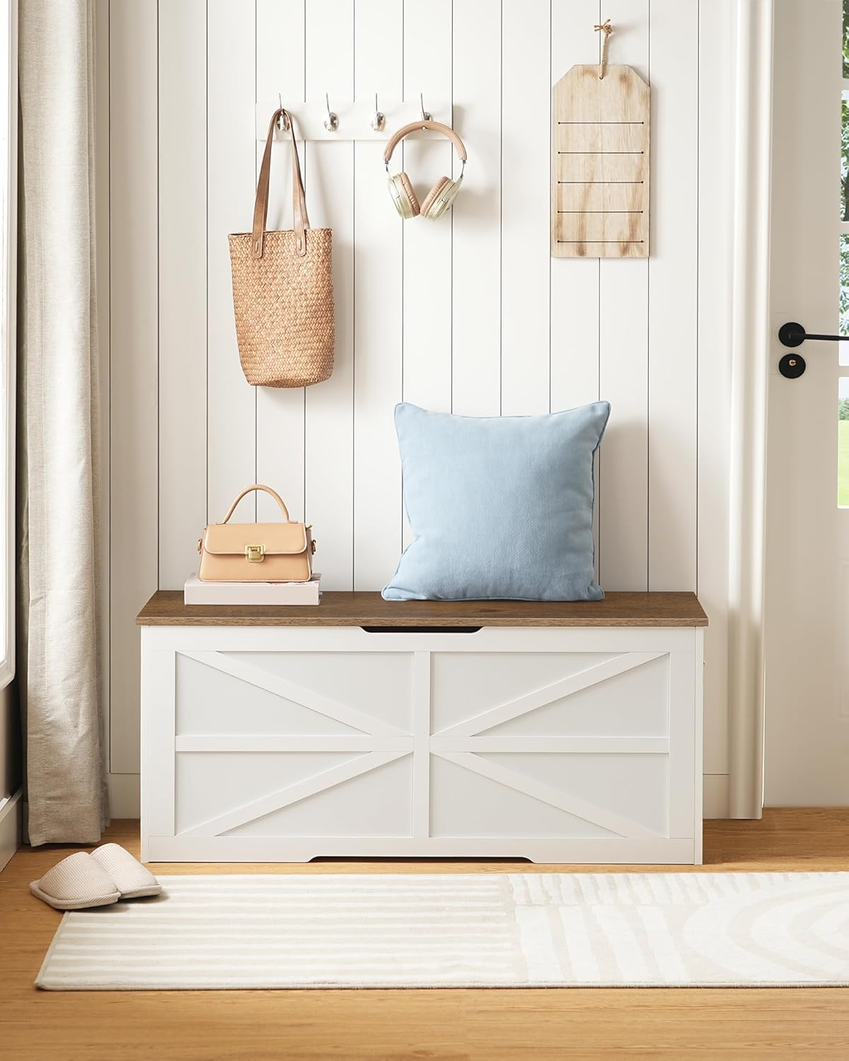 Storage Chest, 43.3" Toy Chest Storage, Farmhouse Storage Bench with Safety Hinge, Storage Trunk, for Bedroom, Living Room, Walnut and White MCW11WL