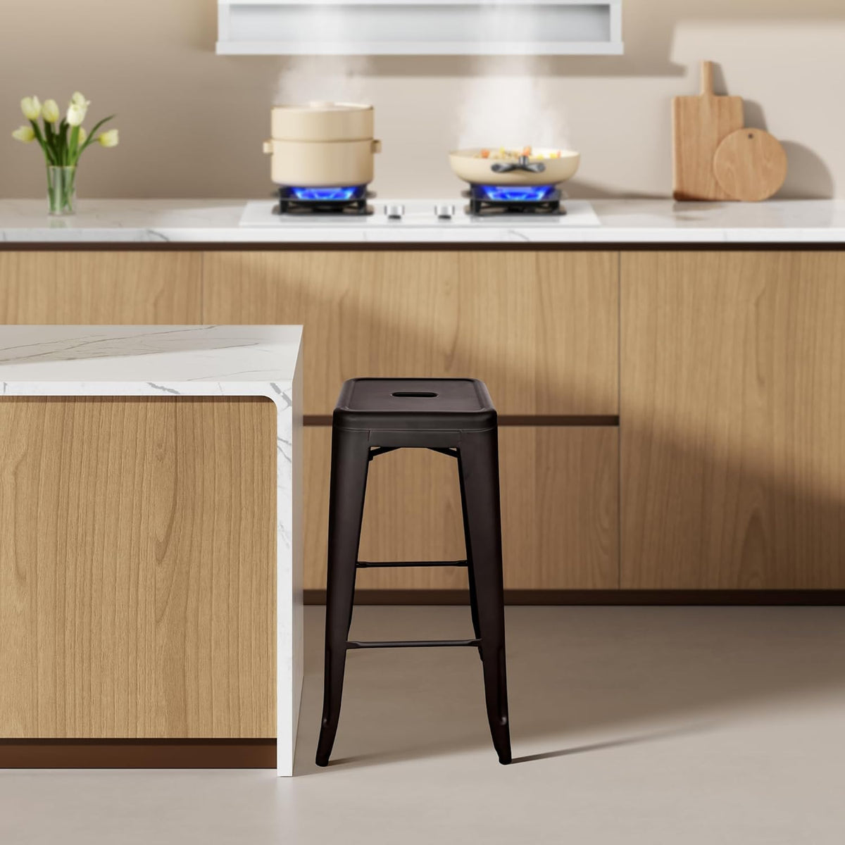 30 Inches Metal Bar Stools, High Backless Stools, Indoor Outdoor Stackable Kitchen Stools, Set of 4, Brown