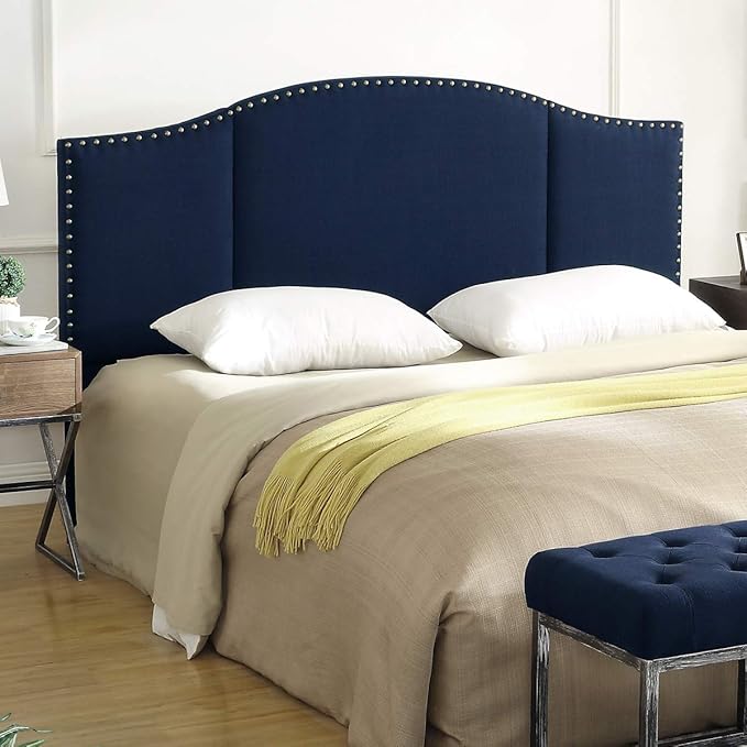 24KF Middle Century Linen Upholstered Tufted Queen Size Headboard with Antique Brass Nails Queen/Full headboard -Navy Blue