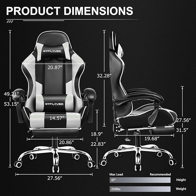 GTPLAYER Gaming Chair, Computer Chair with Footrest and Lumbar Support, Height Adjustable Game Chair with 360°-Swivel Seat and Headrest and for Office or Gaming (Snow White)