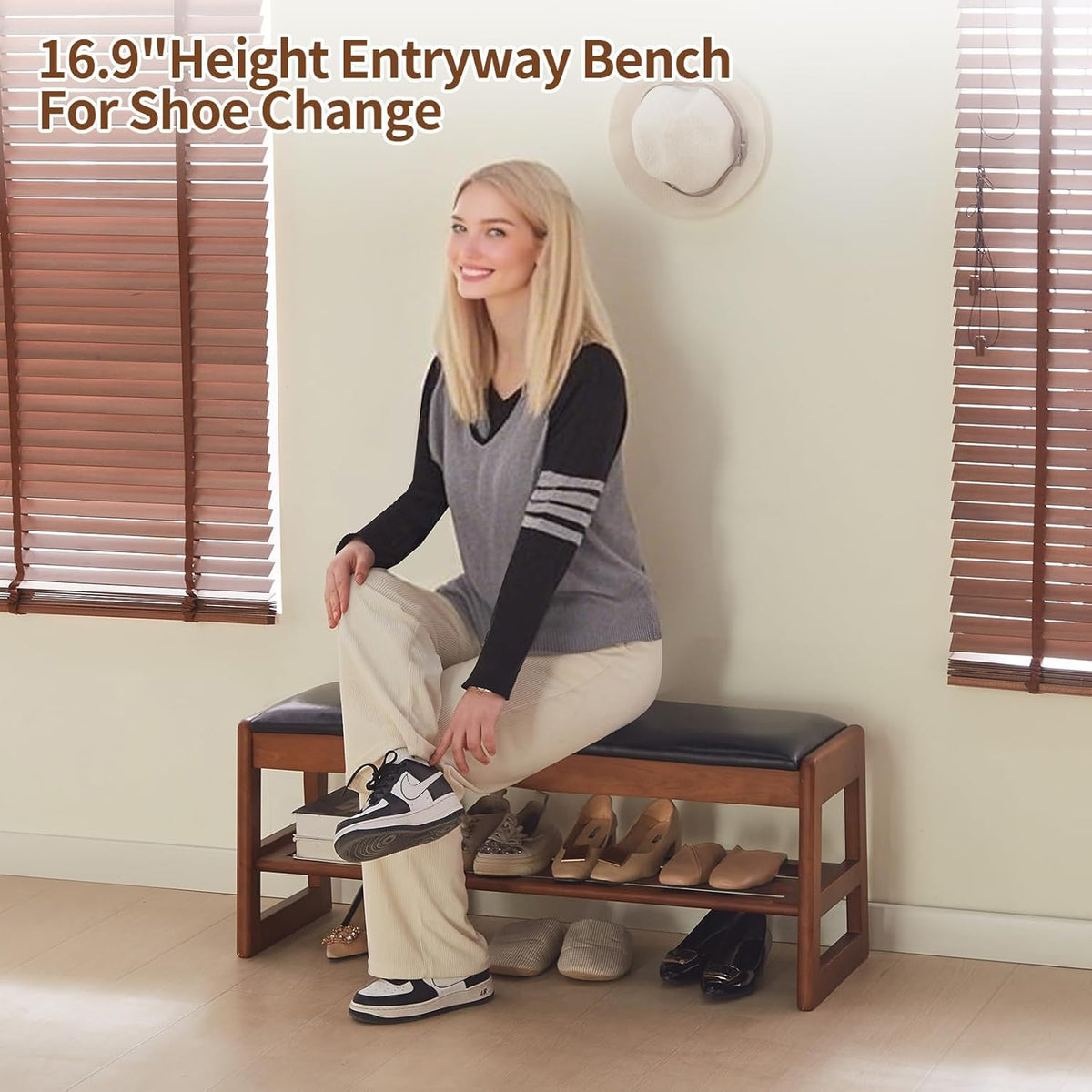 Shoe Rack Bench with Storage-Wood Shoe Bench for Entryway 40" 2 Tier Shoe Organizer with Cushion, PU Solid Wood LEDs Flip Top Entryway Shoe Organizer Space Saving Hallway