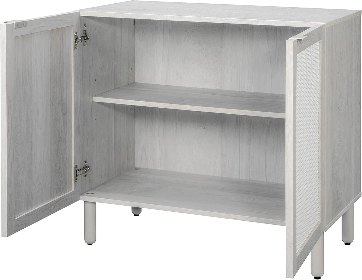 Sango Orre 2-Door Cabinet, Modern Sand Storage Cabinet with Synthetic Rattan Door Panels, Adjustable Shelf, Cylindrical Wood Legs, Discreet Finger Pulls, Elegant Furniture for Living or Dining Room