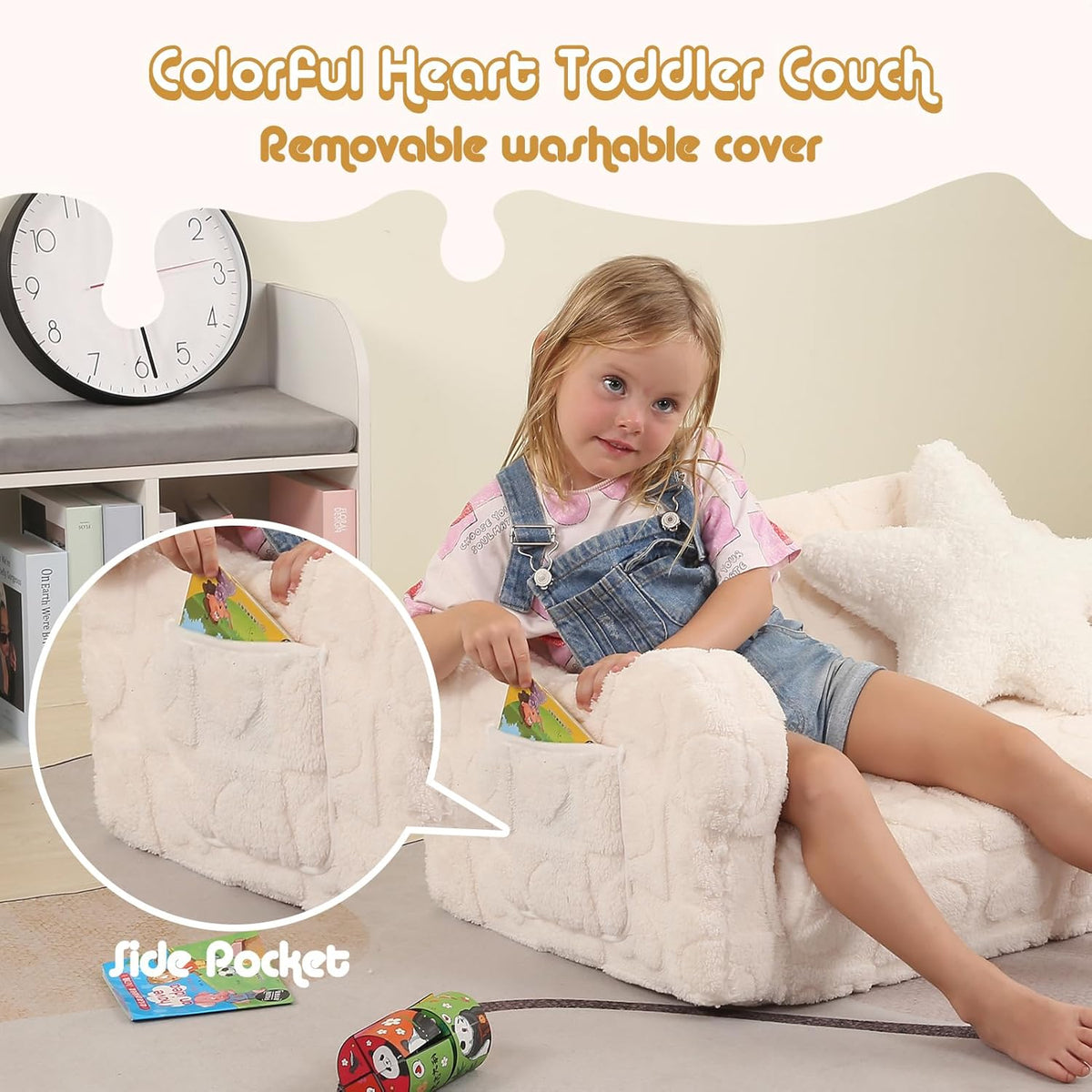 Extra Wider Seating Toddler Couch, 2-in-1 Toddler Soft Couch Fold Out with Star Pillow, Convertible Sofa to Lounger for Girls and Boys, Cream Heart