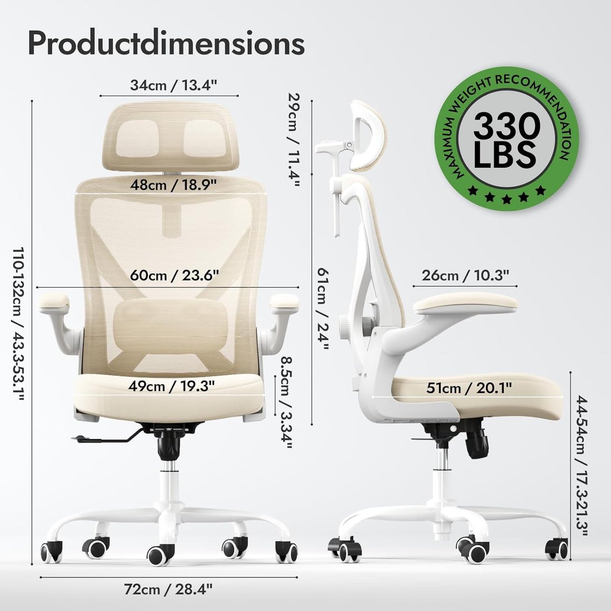 Ergonomic Office Chair - X-Shaped Computer Desk Chair Comfy, Gaming Chair, Office Chair with Lumbar Support, Mesh Office Chairs with Headrests, Desk Chair for Long Hours (White Beige)