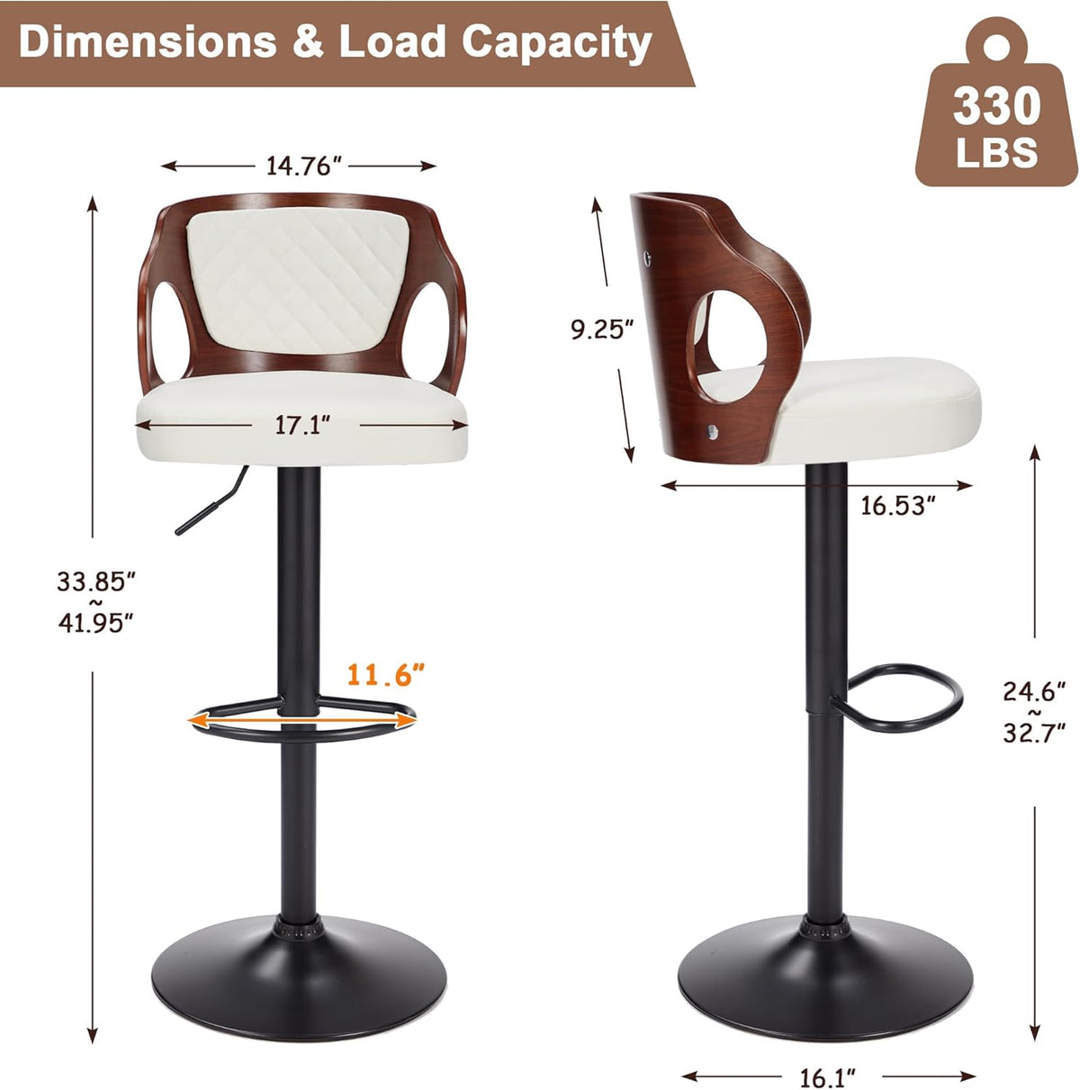 VECELO Bar Stool Set of 4, Kitchen Island Stools with Bentwood Back,Arm&Footrest,Island Chairs Adjustable Height PU Leather Cushion Seat,360°Swivel Stools for Kitchen Counter,Club Pub,Pearl White