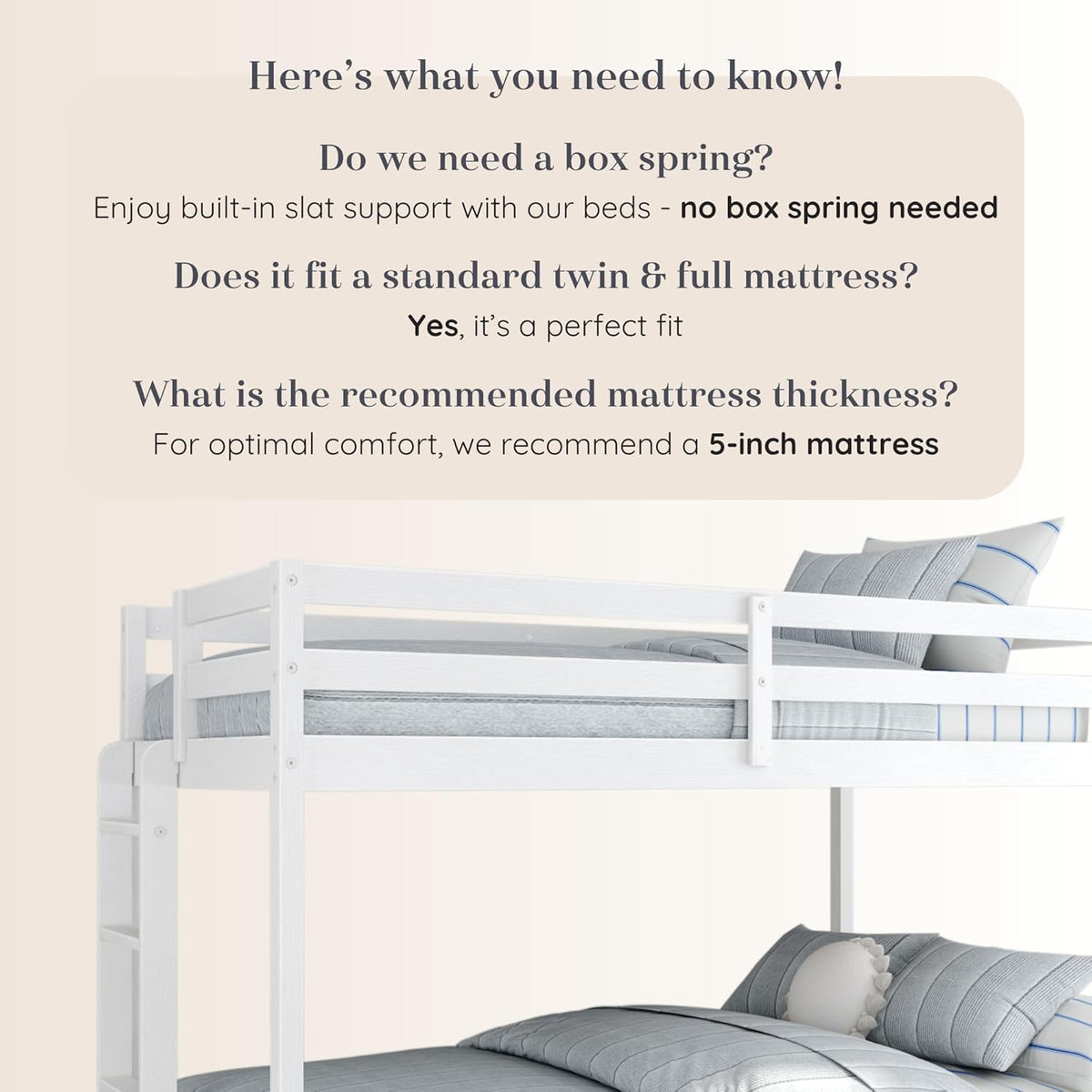Grain & Grove Bear Twin Over Full Bunk Bed, Sturdy Bunk Bed Frame for Kids, Plywood Bunk with Ladder, Guardrail, and Slats, No Box Spring Required, Brushed White