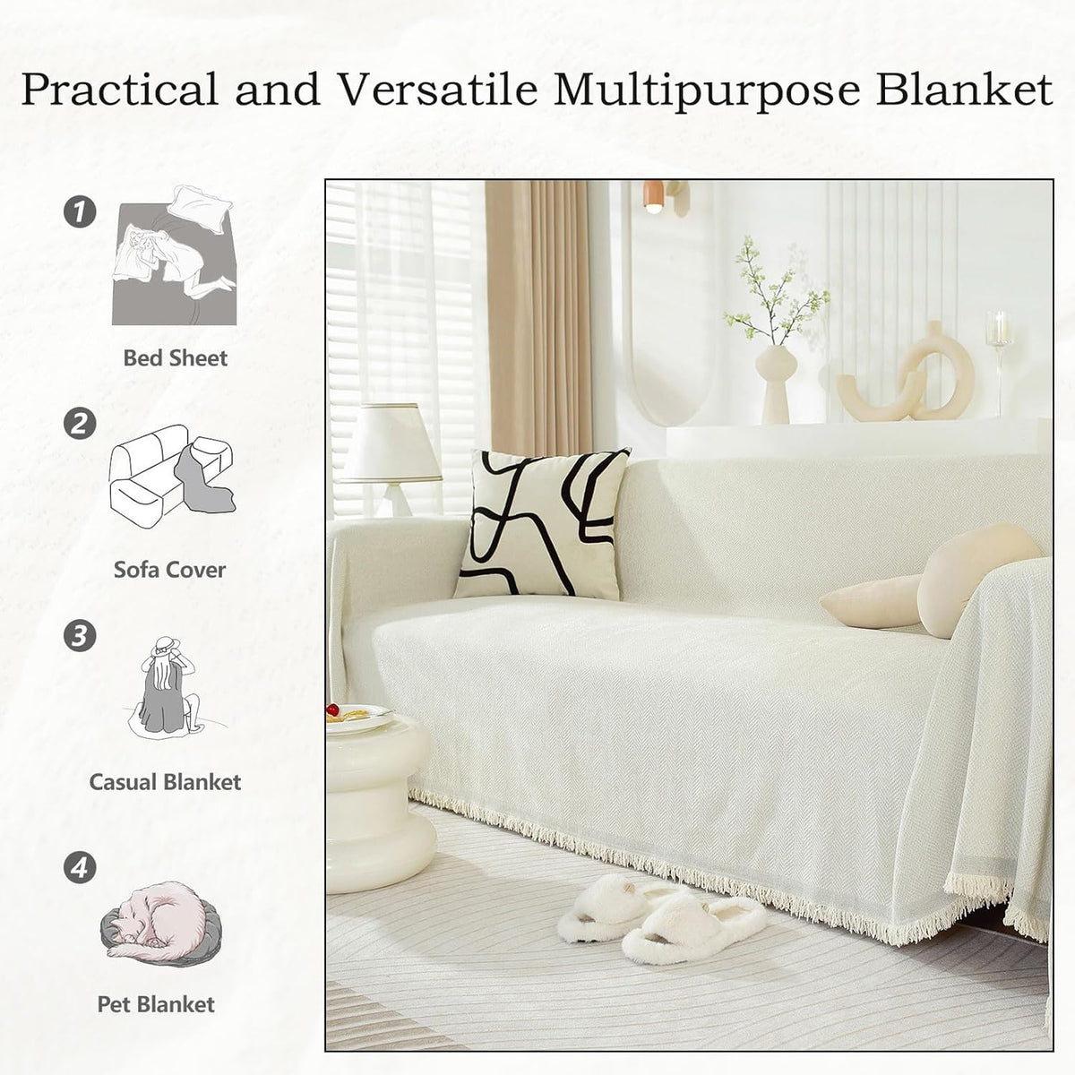 STACYPIK Modern Beige Couch Covers for Dogs Cats Thick Chenille Ivory White Sofa Cover Sofa Slipcover Furniture Protector for 3 Cushion Couch with Tassel Non-Silp Futon Cover Sofa Protector-71X150IN