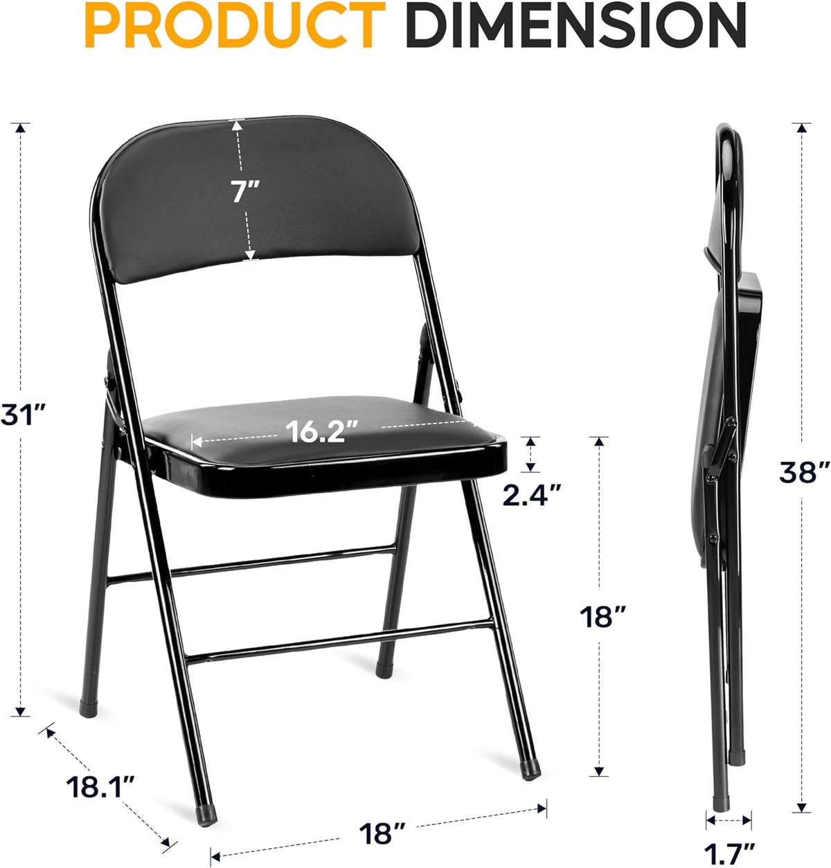 HealSmart 2 Pack Folding Chairs with Padded Leather Cushion Seats, Sturdy Metal Frame, Stackable Portable Design for Indoor Outdoor Use, Commercial Event Party Office Home Chairs, Black