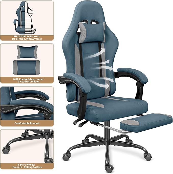 Breathable Fabric Gaming Chair with Footrest, Height Adjustable Game Chair, Video Gaming Chair for Gaming Room, Living Room and Office - Blue/Light Grey