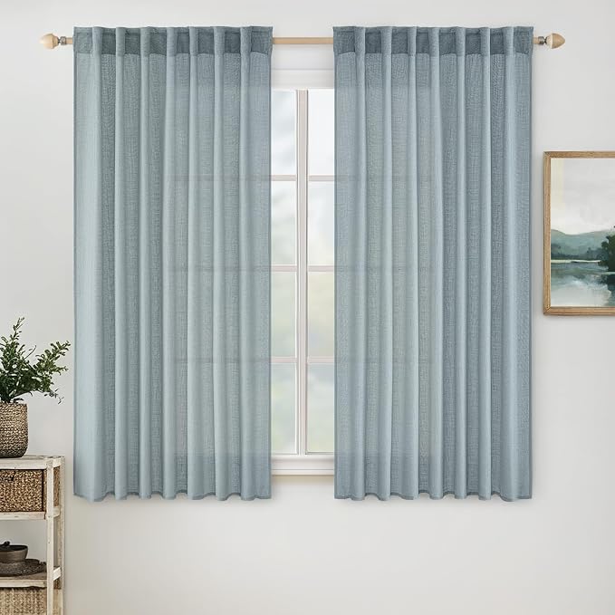 MIULEE Dusty Blue Short Linen Curtains 45 Inch Length 2 Panels