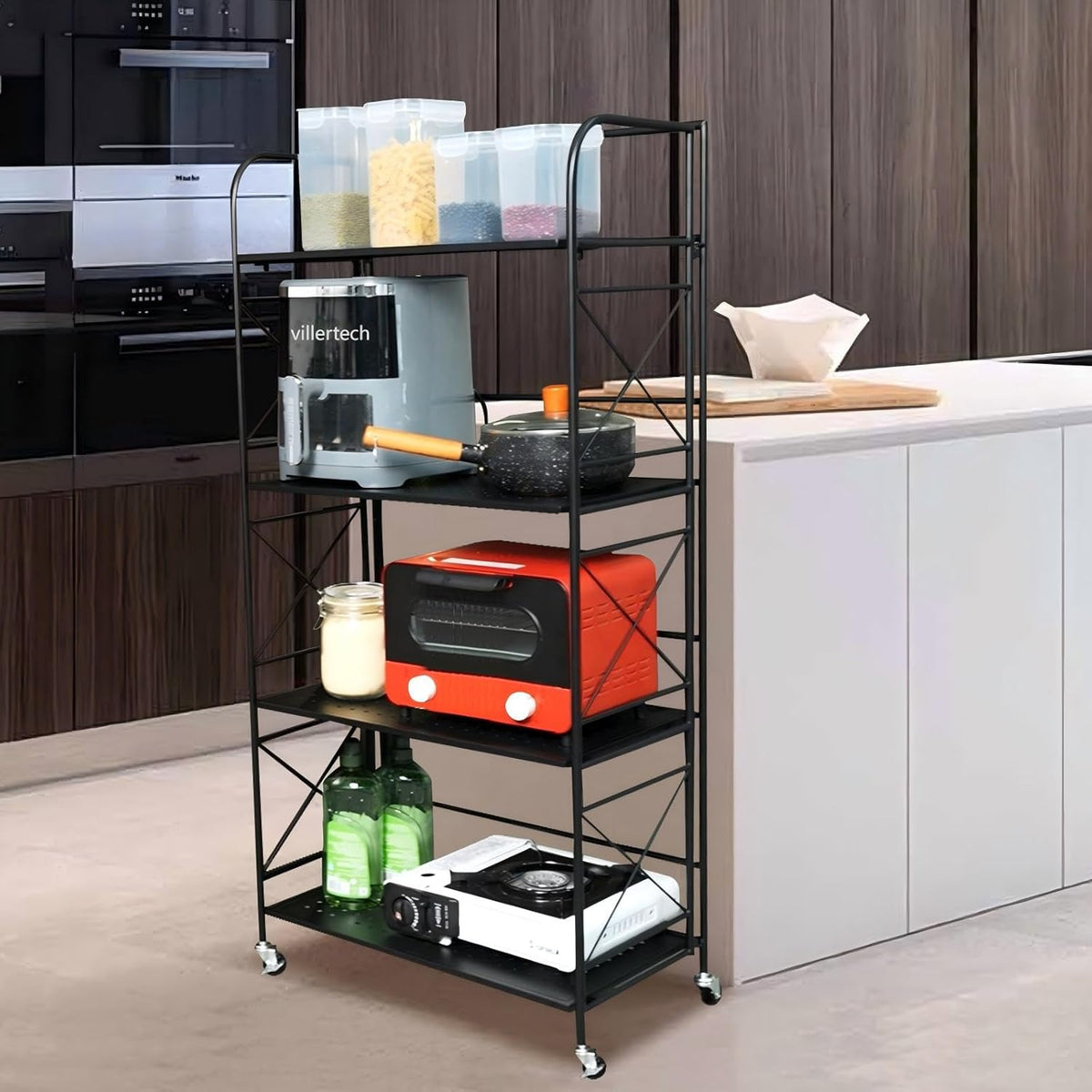 Foldable 5-Tier Metal Shelf with Wheels - Folding Bookshelf Unit for Living Room, Kitchen, Study 12.6" D x 23.6" W x 57.0" H, Matte Black