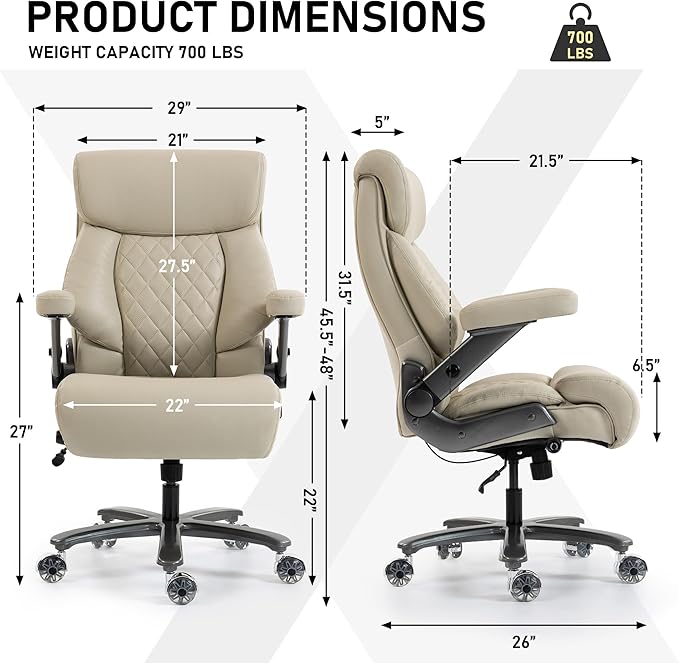 DYHOME 700LBS Heavy Duty Office Chair with 4d Armrest, Big and Tall Office Chair, Ergonomic Computer Chair with Airbag Lumbar Support, Wider Thicker Seat Cushion, PU Comfy Office Desk Chairs, Beige