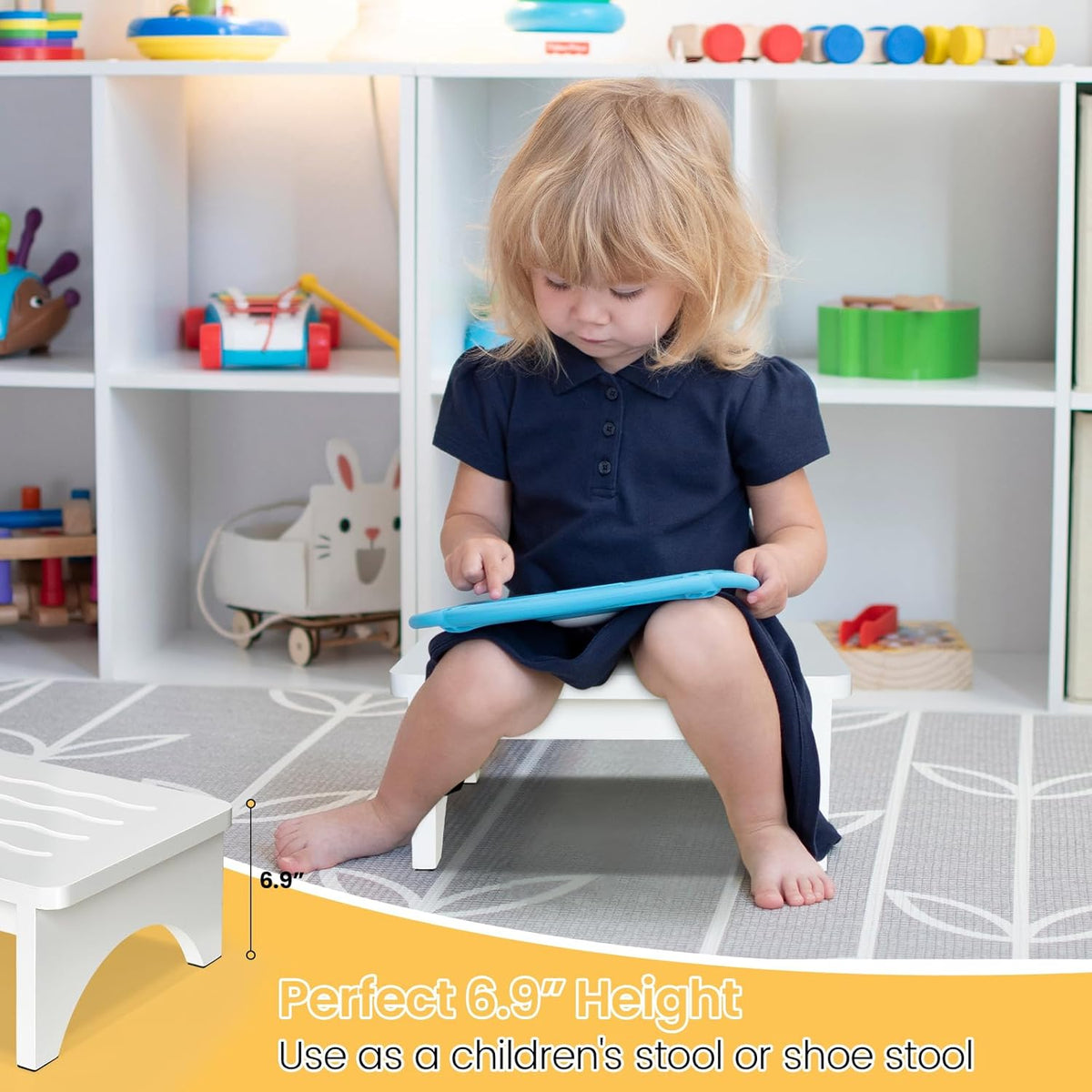 Wooden Step Stool for Adults, One Step Stool with Non-Slip Rubber, 6.9”x 15.7"" Bed Step Stool for High Beds, White Safety Foot Stool for Elderly, Kid