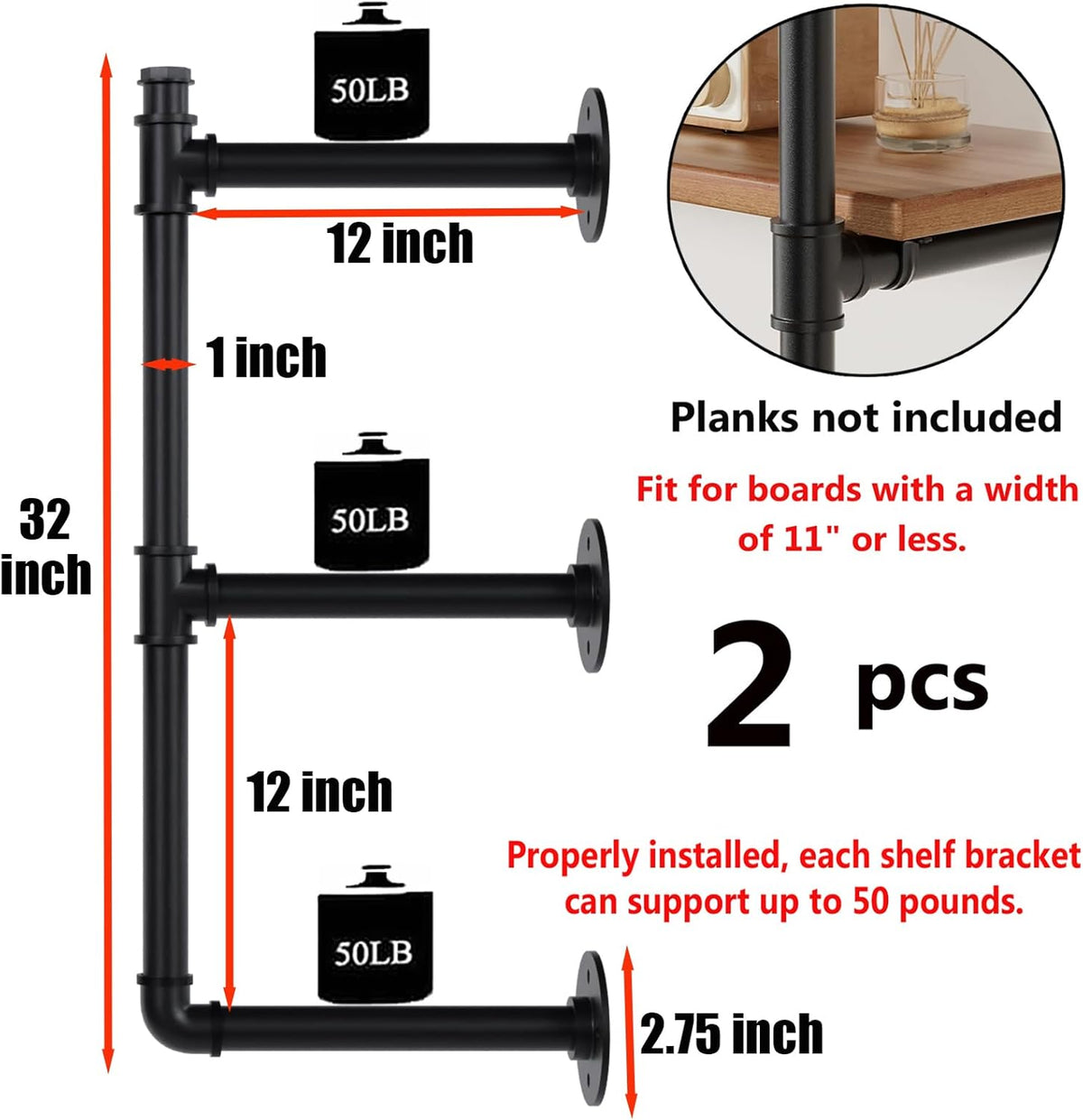 Industrial Pipe Shelf Brackets Wall Mount, Open Black Pipe Shelving for Kitchen,Floating Shelf Brackets Mount,Open Bookshelf Brackets for Shelves,Wall Shelves 12 Inch Deep,(2PcsX3Tier,32" Tall)