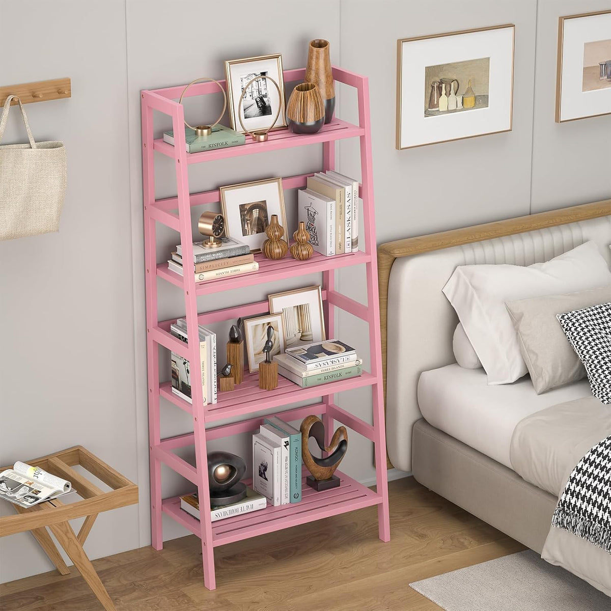 Homykic Bamboo Ladder Bookshelf, 4-Tier Ladder Shelf Open Book Shelf Freestanding Bookcase Bathroom Storage Rack Plant Stand for Living Room, Bedroom, Office, Easy Assembly, Pink