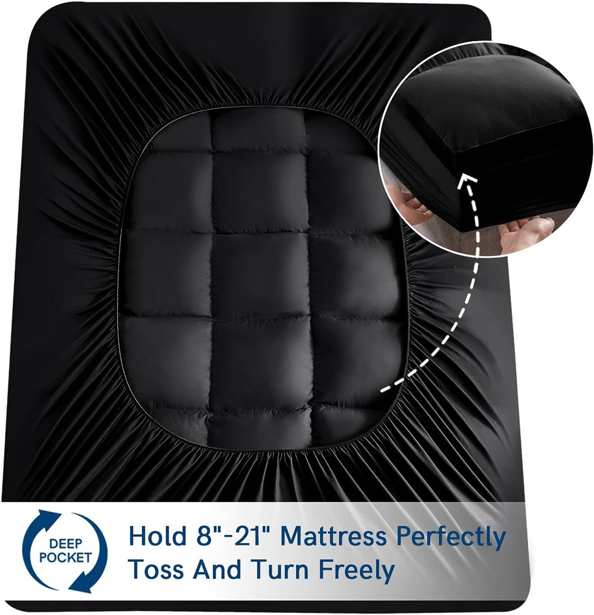 ELEMUSE Queen Black Mattress Topper for Back Pain, Extra Thick Mattress Pad Cover, Plush Soft Pillowtop with Elastic Deep Pocket, Overfilled Down Alternative Filling