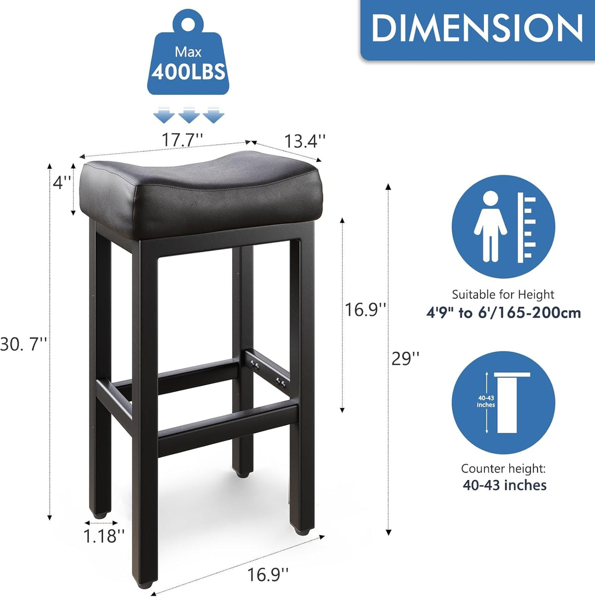 29 Inch Bar Height Bar Stools Set of 2, 29" Barstools for Kitchen Island Counter, Backless Bonded Leather Bar Height Stools with Thick Saddle Seats & Heavy Duty Metal Base, Easy Assembly, All Black