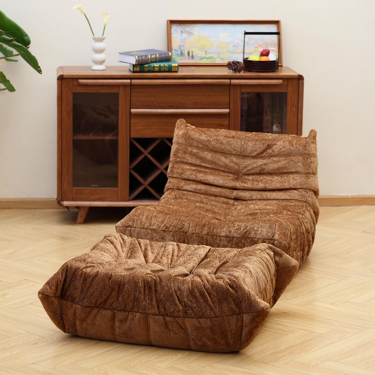 N&V Fireside Chair, Mid Century Armless Floor Sofa, Soft Premium Chenille Floor Lounge Chair, Foam Sofa Accent Chair for Living Room Bedroom and Office (Brown, Ottoman)