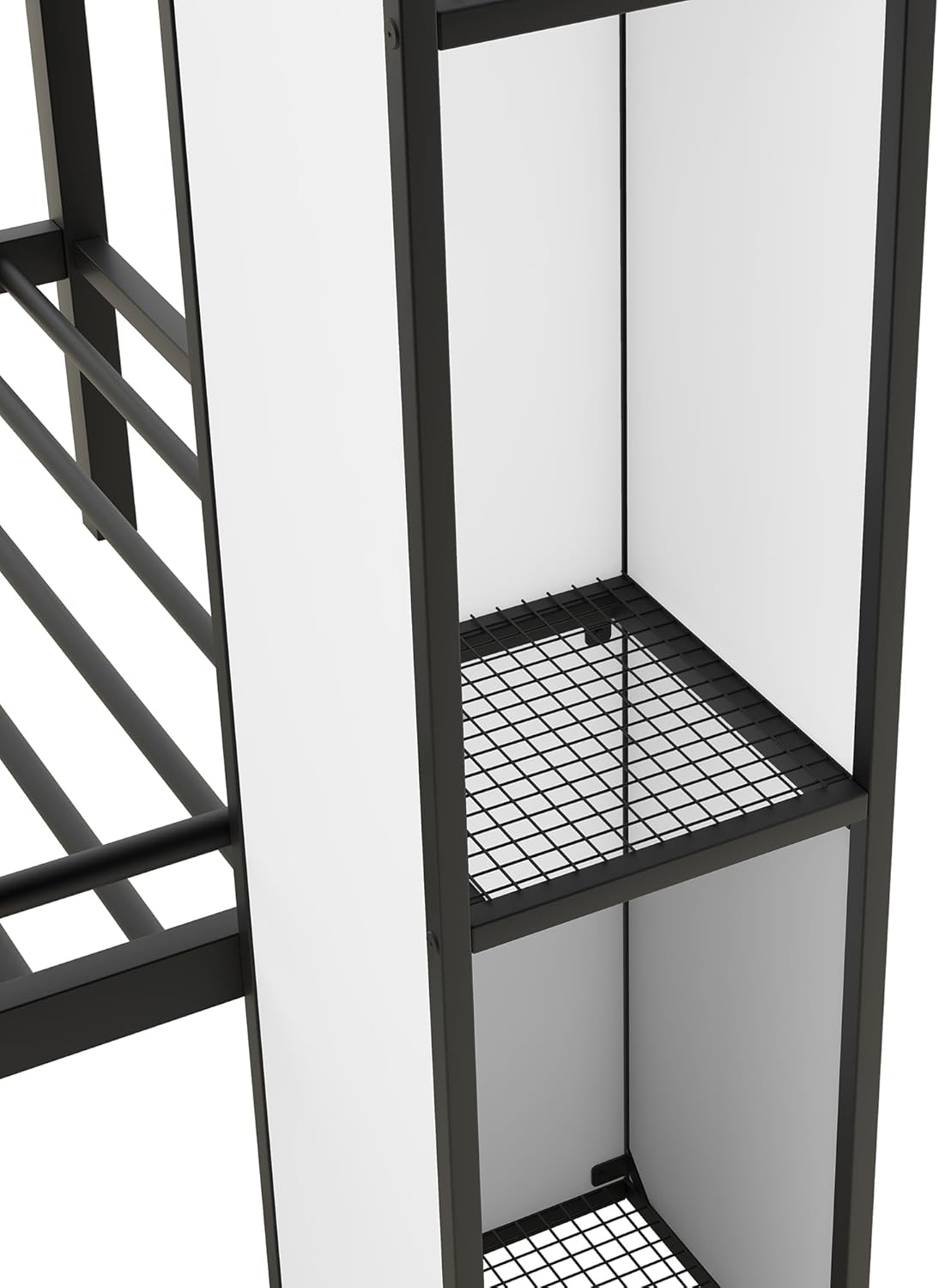 Twin Over Twin Castle-Shaped Bunk Bed with Wardrobe,Open Storage cabinets,a Storage Staircase and guardrails,Metal Stairway BunkBed for Kids Boys/Girls/Teens,Black+White