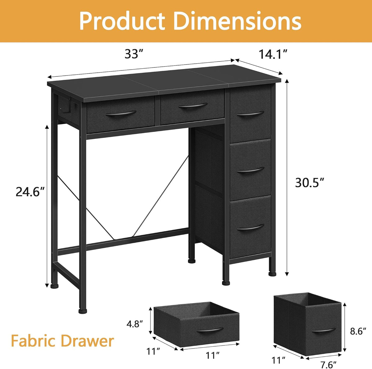 Small Computer Desk with 5 Fabric Drawers, 33 Inch Writing Desk for Home Office, Simple PC Desks for Small Place, Kids Girls Teen Study Table Vanity for Bedroom Dorm, Black
