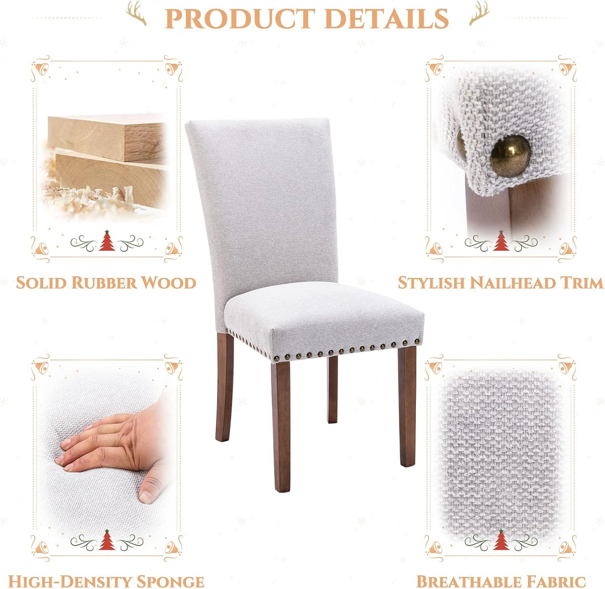 Parsons Dining Chairs Set of 2, Upholstered Nailhead Dining Room Kitchen Side Chair with Thick Cushions and Wood Legs, Light Grey