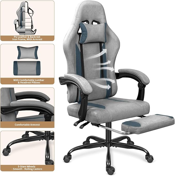 Breathable Fabric Gaming Chair with Footrest, Height Adjustable Game Chair, Video Gaming Chair for Gaming Room, Living Room and Office - Light Grey/Blue