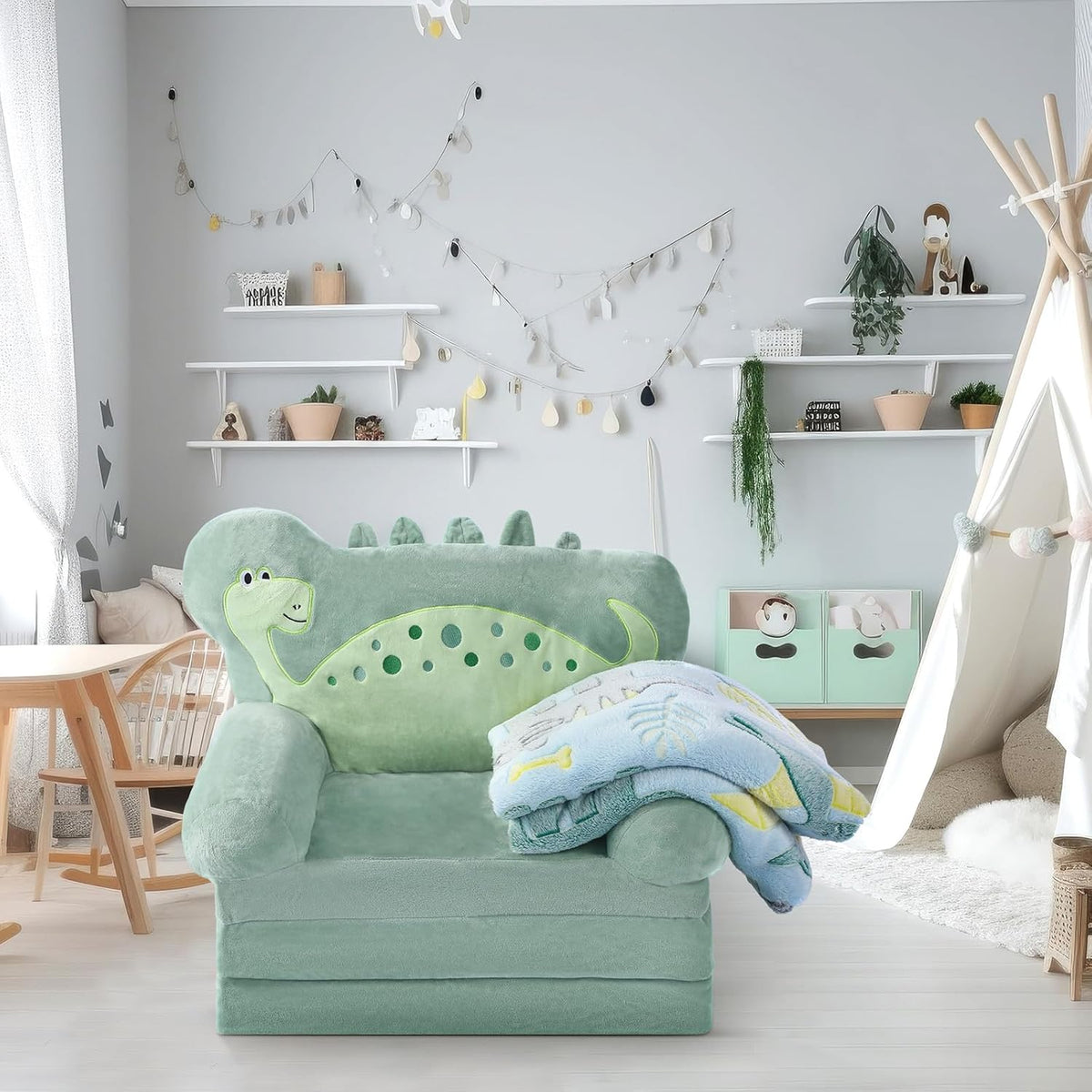 Dinosaur Kids Couch Fold Out 2-in-1 Toddler Sofa Fold Out with Blanket, Soft Toddler Chair Comfy for Boys Girls Baby, Convertible Sofa to Lounger for Napping Reading Playing Christmas, Green