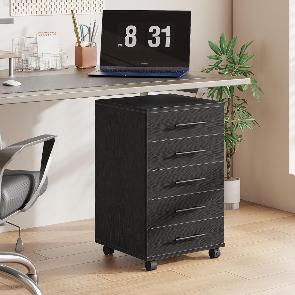 HOOBRO 5-Drawer File Cabinet, Office Cabinet with Drawers, Wooden Storage Cabinet with Wheels for Makeup, Home Office, Study, Easy Assembly, Black BK05WJ01