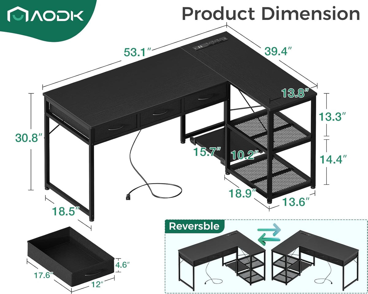 AODK 53 Inch L Shaped Computer Desk with Drawers, Corner Desk with Power Outlets & Reversible Storage Shelves, Movable CPU Stand for Home Office Gaming, Black